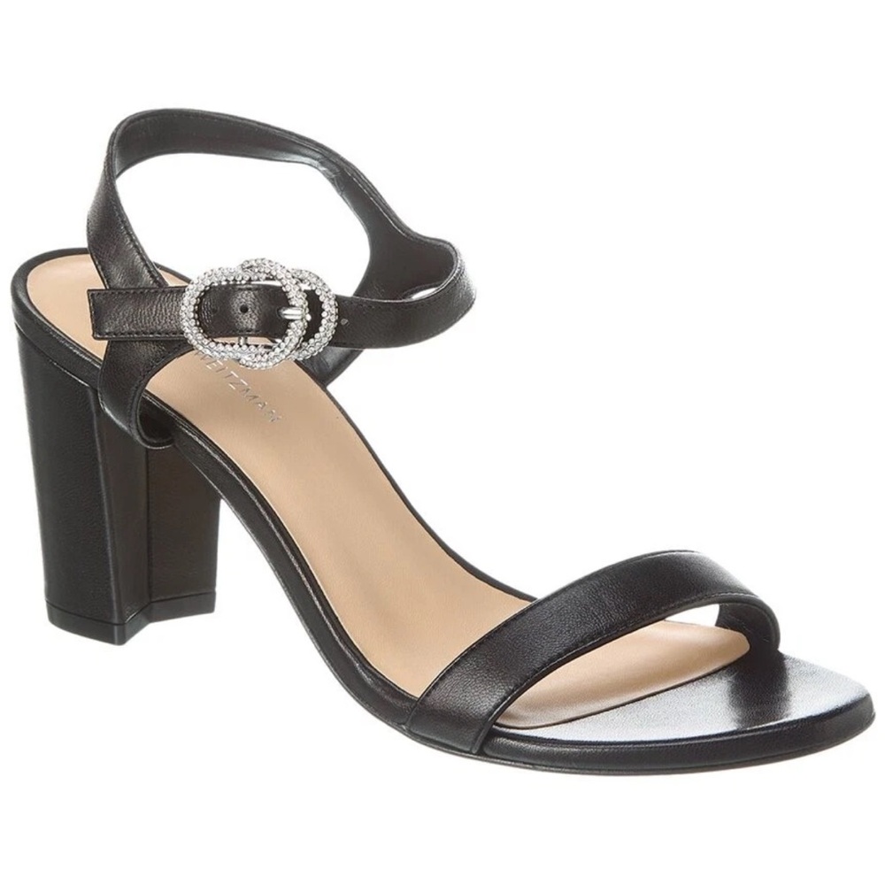 Stuart Weitzman NEW Crystal 75 Leather Block Sandal Women's Black 9.5